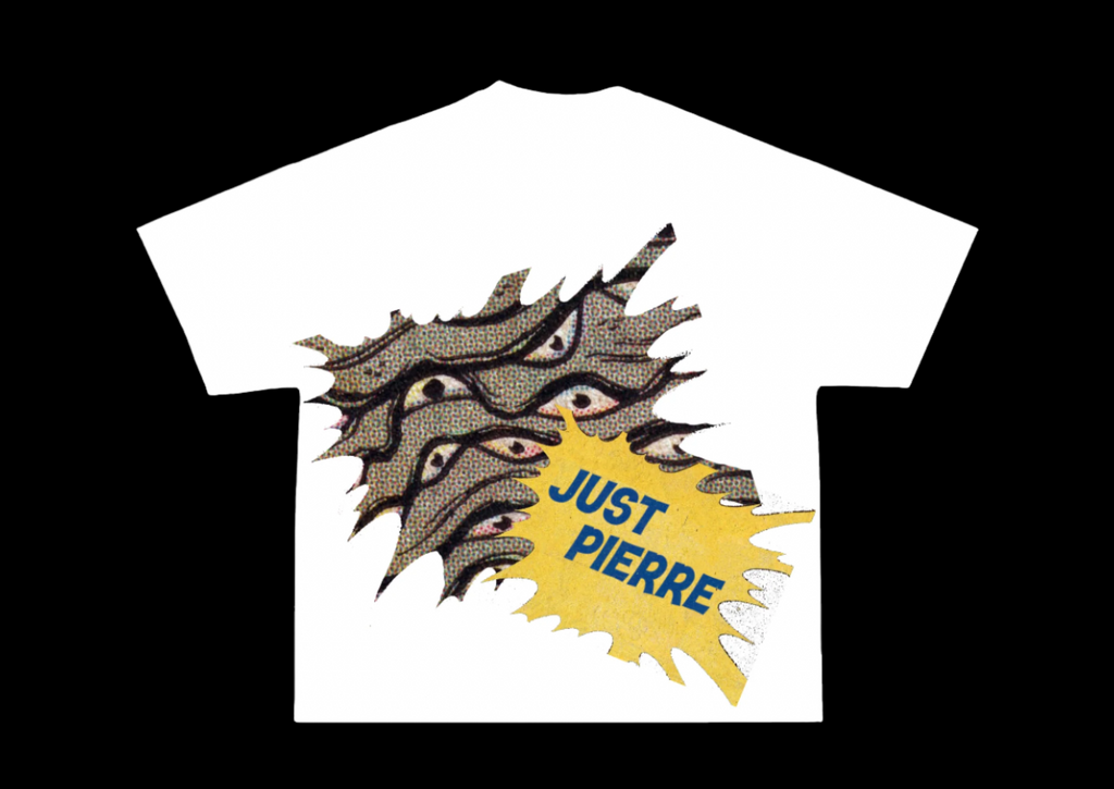 Illustration of a character with a large eye and text 'Eye for an Eye, Just Pierre' on a white background.